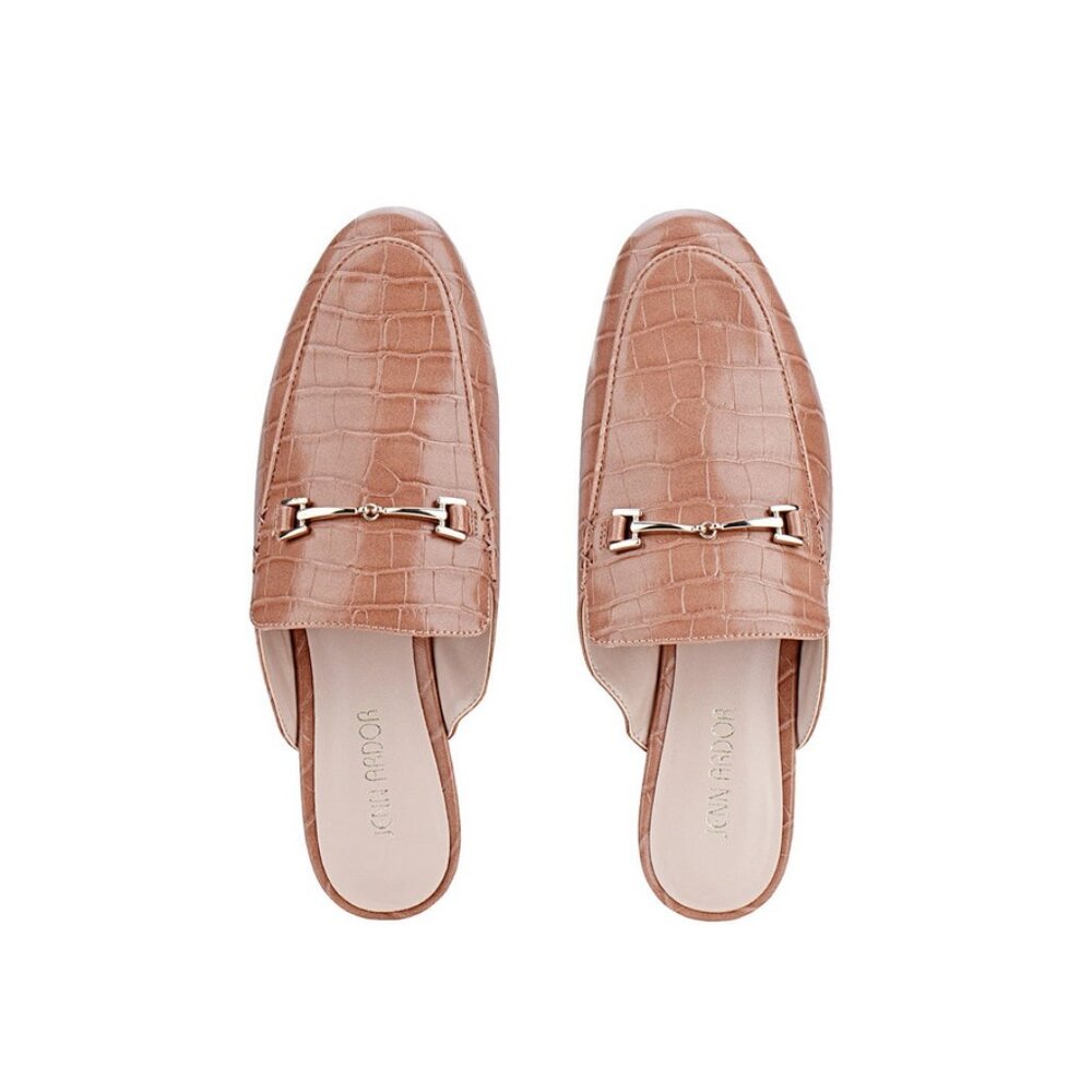JENN ARDOR Sz. 7.5 Tan Croc Embossed Faux Leather Flat Mules Office Work Preppy